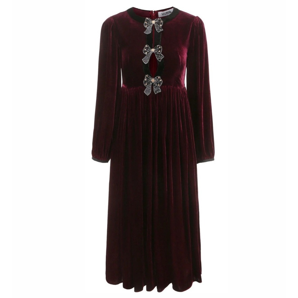 Dress‎ Size Small Burgundy Velvet Rhinestone Bows Midi Gatsby UUNIQ Womens